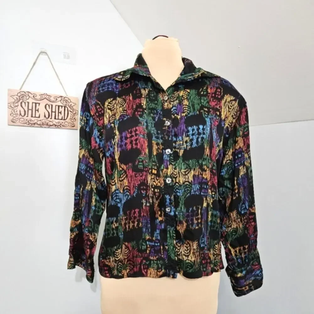 Vintage Gil Ambez Knits 2 Piece Set Abstract Tribal Shirt Pants Sz 10 Outfit Y2K